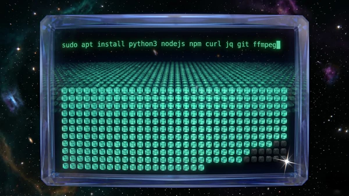 Terminal showing apt install command with a vast grid of teal faceted gemstone tiles representing 6,784 compatible OpenClaw skills on Linux, small grey cluster in the corner for the 3% incompatible