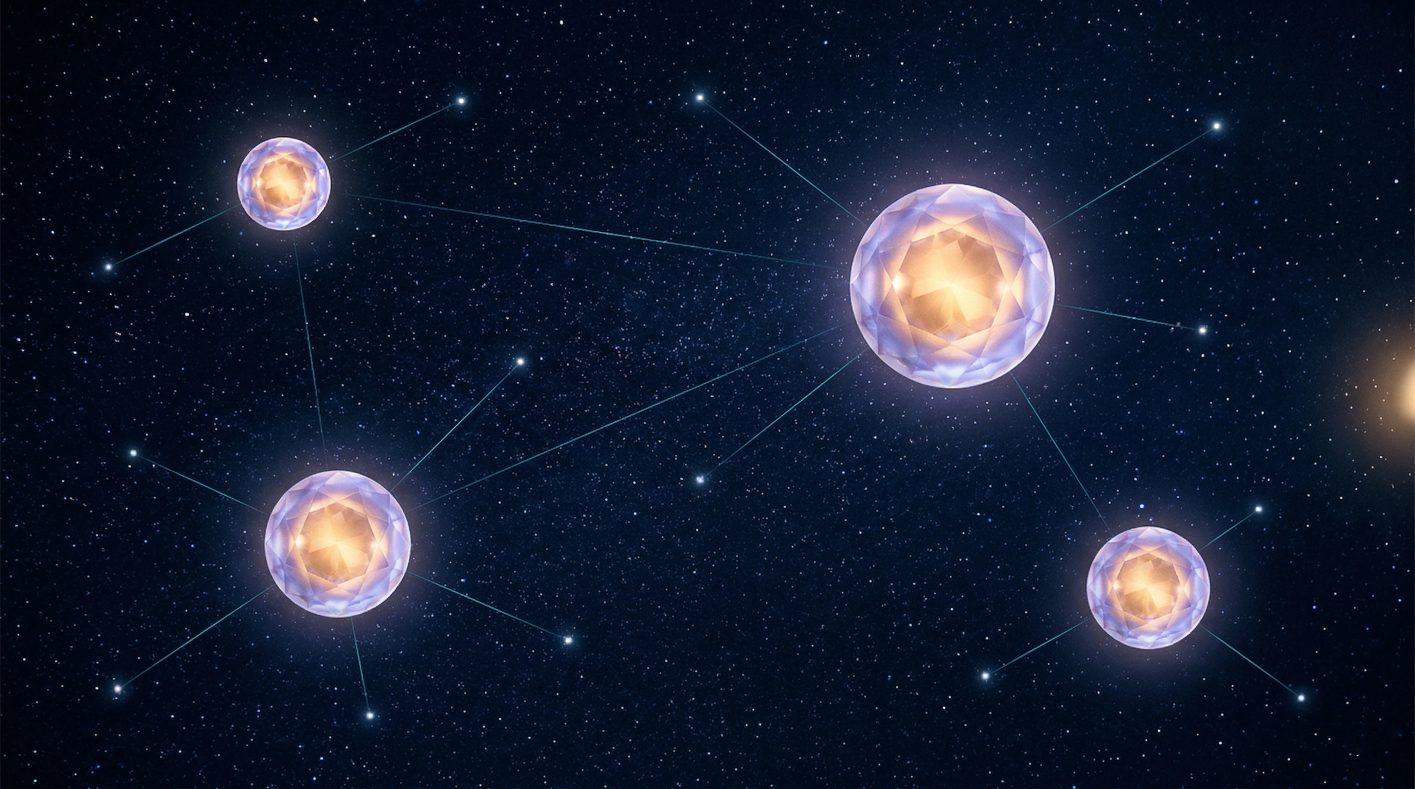 Multiple luminous orbs floating in deep space, each isolated from the others, representing dedicated VM isolation