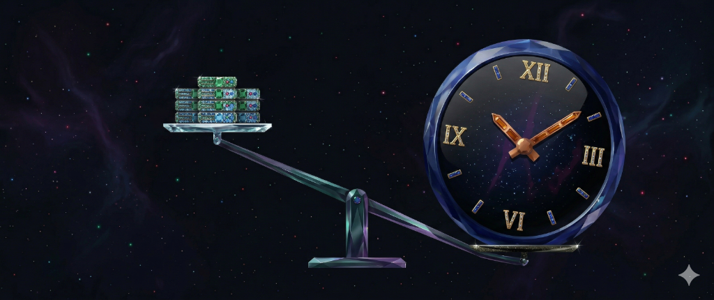 A cosmic balance scale weighing server stacks against a galaxy-faced clock, illustrating how time costs dwarf infrastructure costs when self-hosting