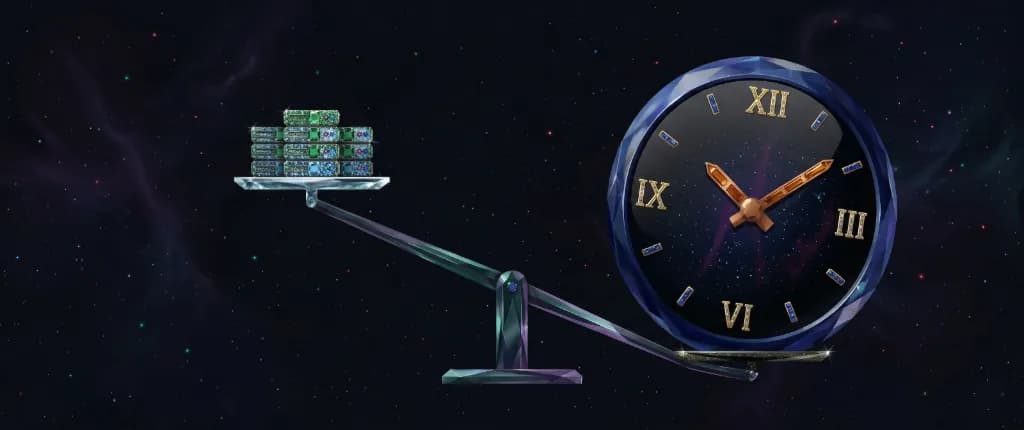 A cosmic balance scale weighing server stacks against a galaxy-faced clock, illustrating how time costs dwarf infrastructure costs when self-hosting